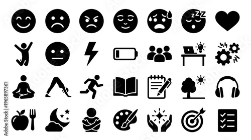 Collection of icons representing emotions, activities, and lifestyle choices for well-being and personal growth