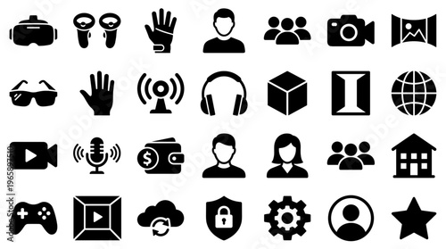 Collection of modern technology and business icons for digital applications and web design representing virtual reality communication finance and security concepts