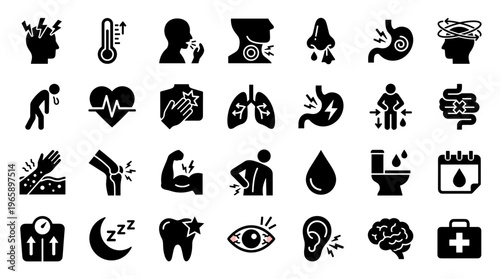 Collection of medical health icons representing various symptoms and conditions like headache fever cough sore throat nausea stomach pain dizziness fatigue heart problems chest pain lungs