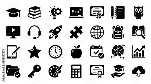 Collection of education and learning icons representing knowledge, success, and academic achievement in a modern flat design style