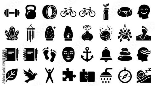 Collection of icons representing wellness, health, fitness, and relaxation activities and objects