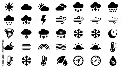 Collection of weather icons representing diverse meteorological phenomena and climate conditions for forecasting and information display