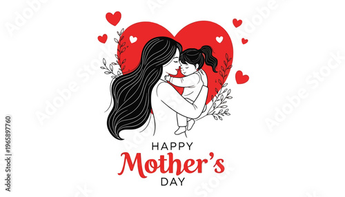 Mother's Day illustration of a woman hugging a little girl with a heart background