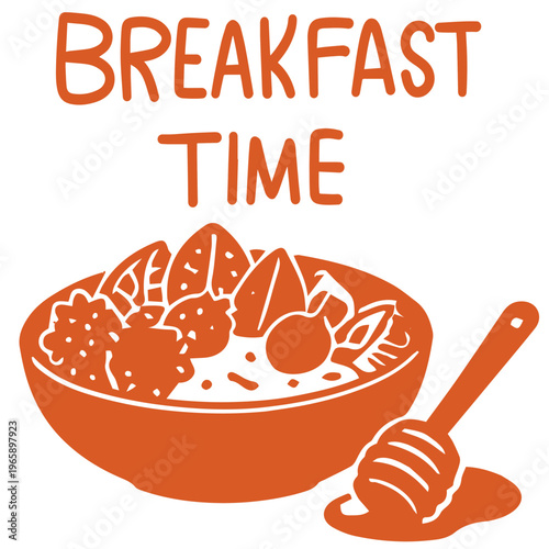 Breakfast healthy oatmeal bowl with fruits honey dipper spoon morning meal illustration