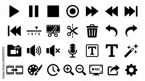 Collection of black multimedia icons and symbols representing playback editing and creative tools on a white background