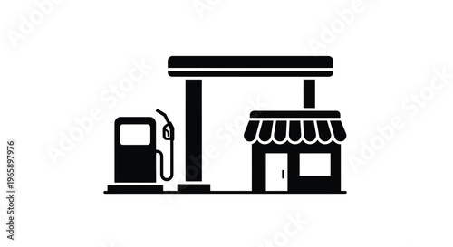 Simple black and white icon depicting a gas station and convenience store