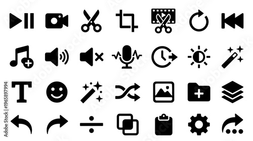 Collection of video editing icons and symbols representing various functions like play pause record cut trim rotate undo redo volume mute microphone timer brightness magic wand text emoji sparkle