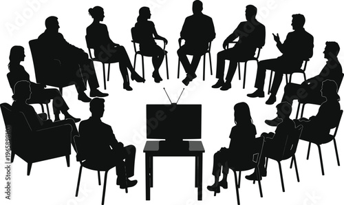 Silhouette vector illustration of people watching television together, seated in circle on chairs, communal viewing experience, retro TV set, social gathering scene