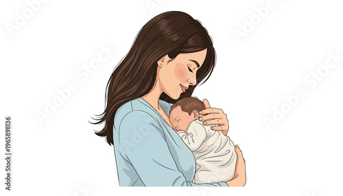 Mother tenderly holding and gazing at her sleeping newborn baby with love and care always