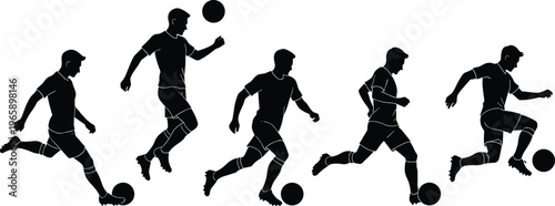 Silhouette vector illustration of soccer player actions, running with ball, kicking motion, controlling technique, dynamic sports sequence, athletic movement design, football artwork