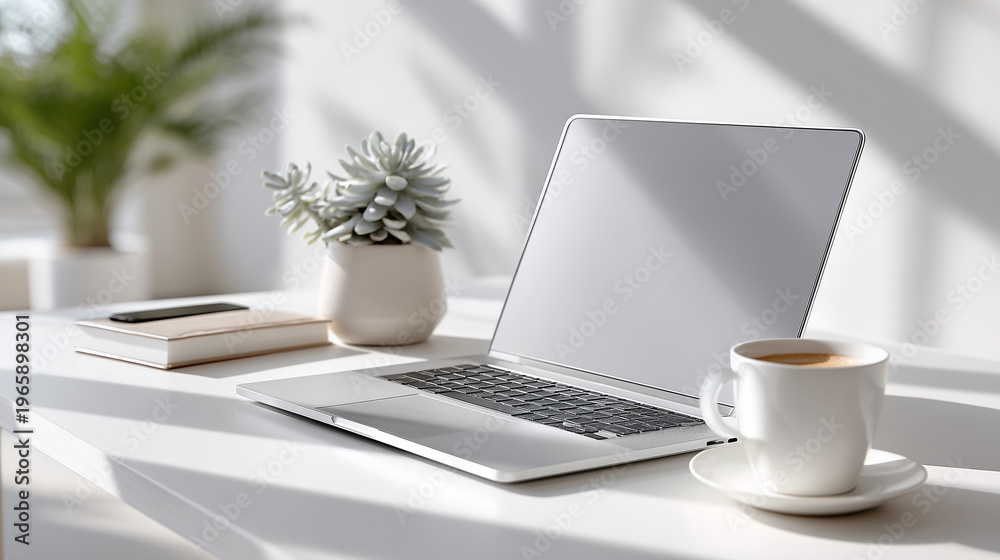 Fototapeta premium Bright Minimalistic Workspace Scene with White Desk, Silver Laptop, Coffee Cup, and Succulent