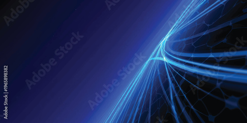 Abstract blue background with flowing light motion design featuring fractal energy lines and a glowing laser ray backdrop over dark space texture