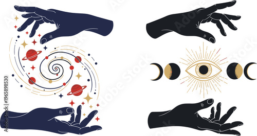 Mystical Hand and Cosmic Illustration Set Featuring Galaxies, Eyes, and Celestial Designs Vector Collection