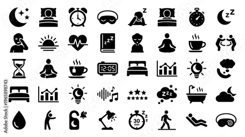 Collection of sleep and rest icons representing healthy lifestyle, relaxation, and nighttime activities