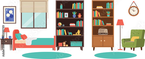 Stylish Living Room with Bookshelves, Cozy Bed, Floor Lamp, Vintage Radio, and Modern Decor in a Bright and Colorful Cartoon Style