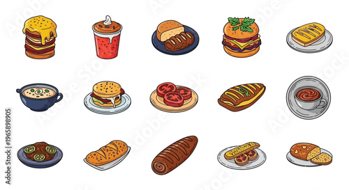 Various types of food and drinks on plates and in cups are shown here freshly prepared