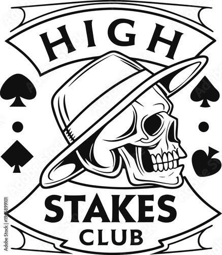 High stakes gaming design with skull wearing hat and playing card suits.