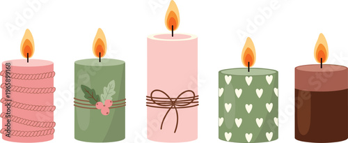 Decorative Candles in Various Colors and Styles Including Pink, Green, and Brown with Heart and Holly Designs, Cartoon Style