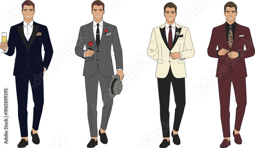 Men's formal fashion vector collection featuring stylish gentlemen in tailored tuxedos and suits for gala wedding and evening events.