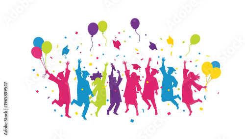 Graduation party celebration vector illustration. Student silhouettes jumping with balloons and confetti. Minimalist flat design isolated on transparent background