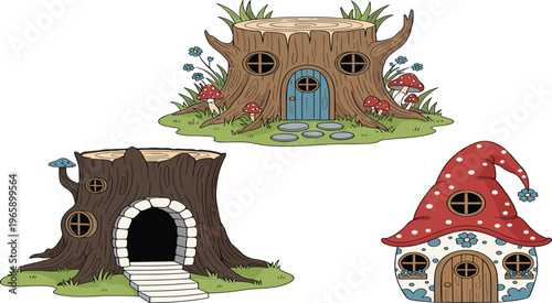 Fantasy Tree Stump and Mushroom Houses with Cute Windows, Colorful Flowers, and Whimsical Design in a Cartoon Style