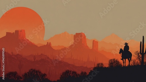 Silhouette of cowboy on horse in desert landscape at sunset image photo