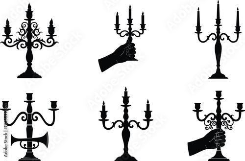 Six black candelabra silhouettes, ornate designs, hand-held candlesticks, decorative vector artwork, creative lighting symbol, elegant candle holder illustration, \