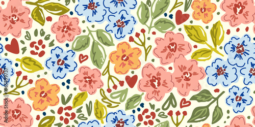 Cute floral vector seamless pattern. Blue, pink flowers, heart, leaves on a light background. For fabric prints and textile products. Spring and summer collection.