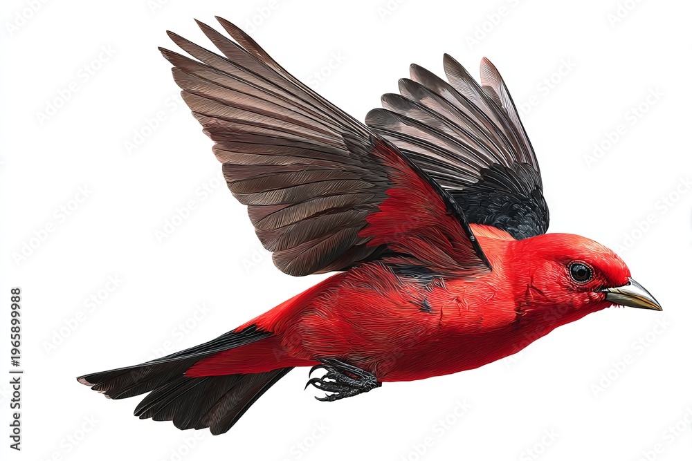 Fototapeta premium flying Scarlet Tanager on white background 