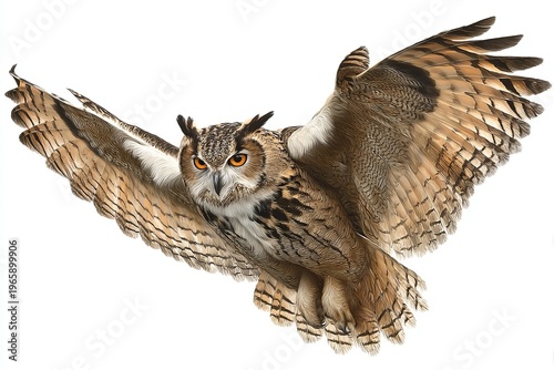 flying owl on white background 