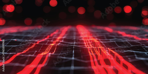 Abstract 3D glowing red neon light backgrounds with a digital technology pattern and motion design for a disco music wallpaper illustration