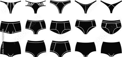 Sixteen women’s underwear silhouettes, diverse lingerie styles, thongs, briefs, boyshorts, bikini cuts, lace details, fashion vector illustration, intimate apparel design, modern clothing symbol