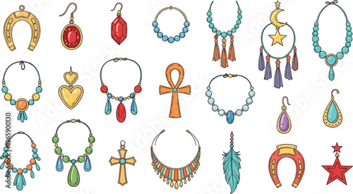 Collection of Colorful Jewelry Designs Including Necklaces, Earrings, and Charms with Gemstones, Feathers, and Unique Shapes in a Cartoon Style