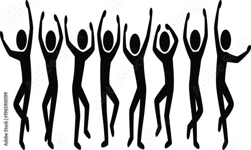 Seven silhouette dancers in joyful jumping motion together