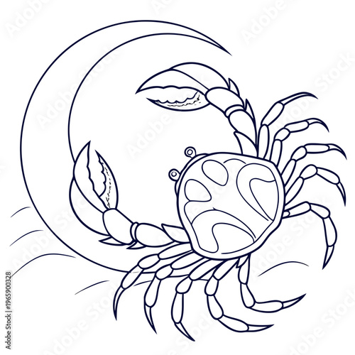 Minimalist crab line art illustration with crescent moon and wave elements perfect for nautical designs oceanic themes and astrological symbolism