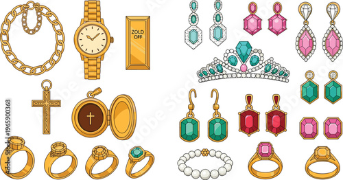 Luxury Jewelry Collection Featuring Gold Rings, Watches, Earrings, Bracelets, and a Tiara with Gemstones in Cartoon Style