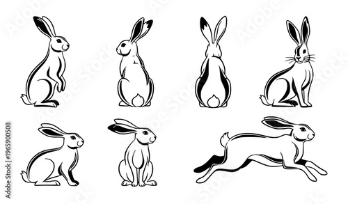 Retro woodland rabbit line art vector collection with elegant minimal hares in continuous line style isolated on white background