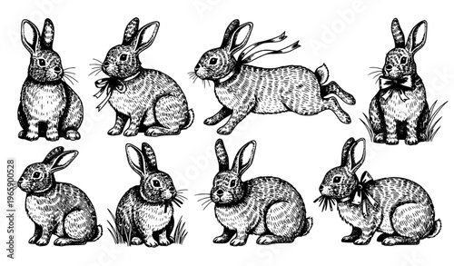 Vintage hand drawn Easter bunny vector set with sketch engraving rabbits in pastel accents isolated on white background