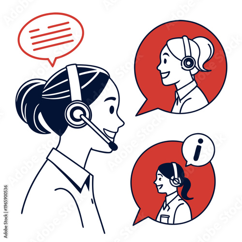 Customer service representative with headset and speech bubbles depicting online support and helpful information for clients