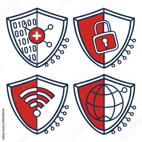 Cyber security shield with data, global network, lock, and wifi signal, modern icon set for digital protection services