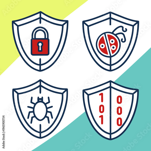 Cybersecurity icons set with shield protecting from virus, malware, bugs, and data breach, digital safety concepts