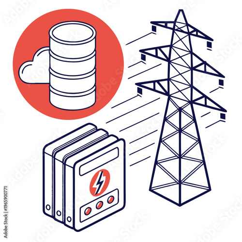 Industrial power grid distribution system, network infrastructure transmitting electricity, cloud data storage, database management, energy control management system