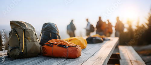 Close-up of hiking backpacks on wooden picnic table with blurred group of hikers in background at sunset viewpoint. Concept of travel preparation and adventure lifestyle