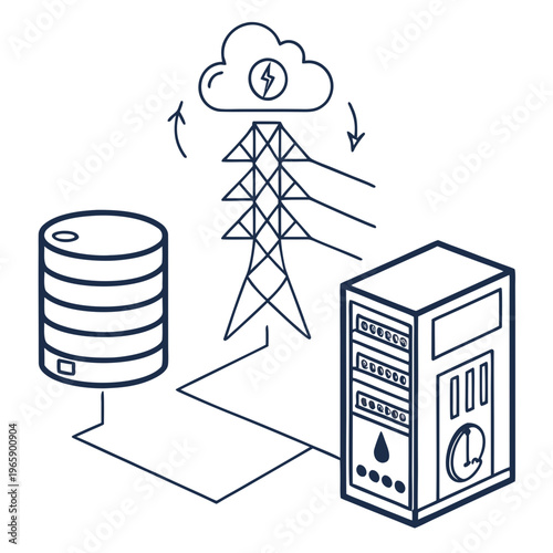 Electric power grid management system showing transmission tower connected to database storage and server unit with energy cloud symbol and arrows