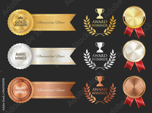 Number 1 award winner, Best Quality Luxury Gold Bronze Silver badge premium emblem isolated on black background illustration 