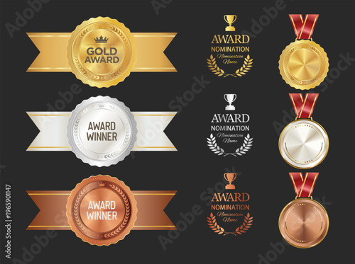 Number 1 award winner, Best Quality Luxury Gold Bronze Silver badge premium emblem isolated on black background illustration 