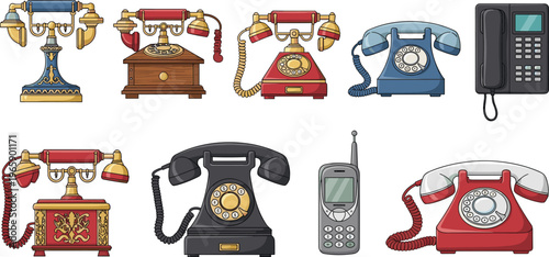 Collection of Vintage and Modern Telephones Including Rotary, Corded, Mobile, and Antique Designs in a Cartoon Style