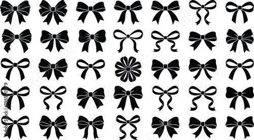 Large collection of decorative ribbon bow silhouettes, various gift wrap knot styles, elegant fashion accessory vector bundle, minimalist holiday and celebration elements