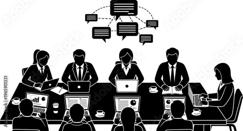 Business people working on laptops in a meeting room with speech bubbles above them