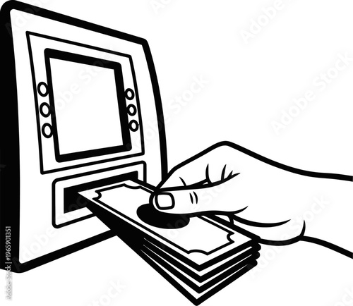 hand inserting money into a cash machine or atm with a stack of bills